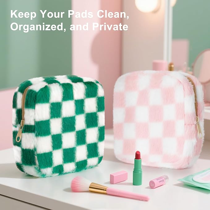 Sanitary Napkin Storage Bag, Zipper Period Bag, Checkered Portable Menstrual Pad Bag Panty Liners, Tampon Storage Pouch for Women Ladies Daily Use Storage Purse Travel