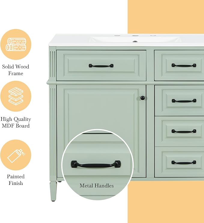 Harper & Bright Designs 36" Bathroom Vanity with Sink, Free Standing Vanity Set with 4 Drawers, Storage Racks, and Adjustable Shelf, Wood Bathroom Cabinet with Ceramic Basin for Bathroom, Green