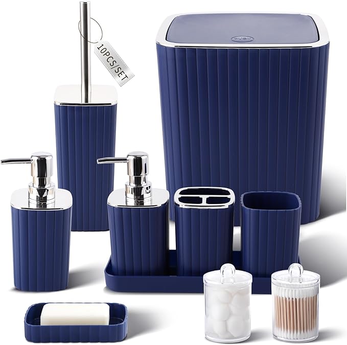 Navy Blue Bathroom Accessories Set - Gorgeous Bathroom Set, 10PC Bathroom Accessory Set, Toilet Brush, Trash Can, Qtip Holder & Soap Dispenser