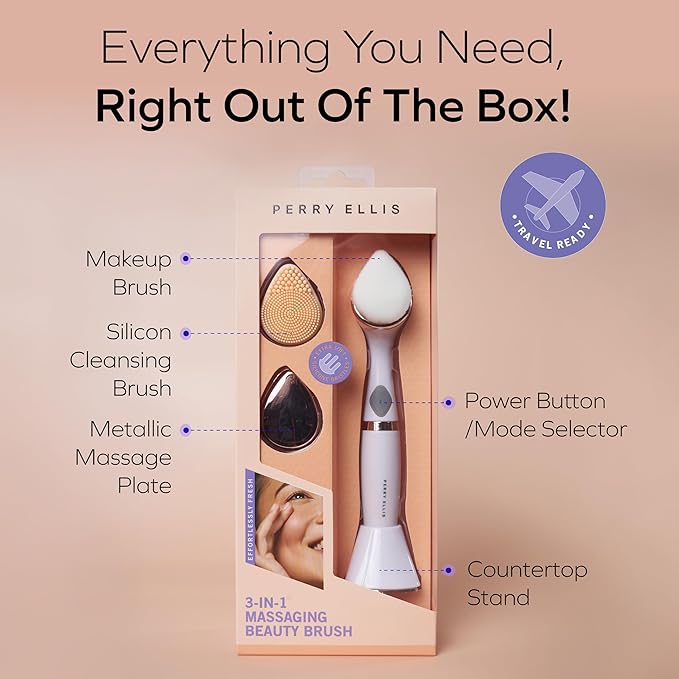 Perry Ellis 3-in-1 Silicone Face Wash Brush with Makeup Applicator & Metallic Massage Plate, Electric Vibrating Facial Cleanser, IPX6 Water-Resistant Skin Care Tool with Stand