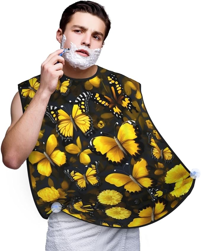 Yellow Flowers Butterflies Print Beard Bib Shaving Apron, Beard Hair Trimming Cape Gift For Dad