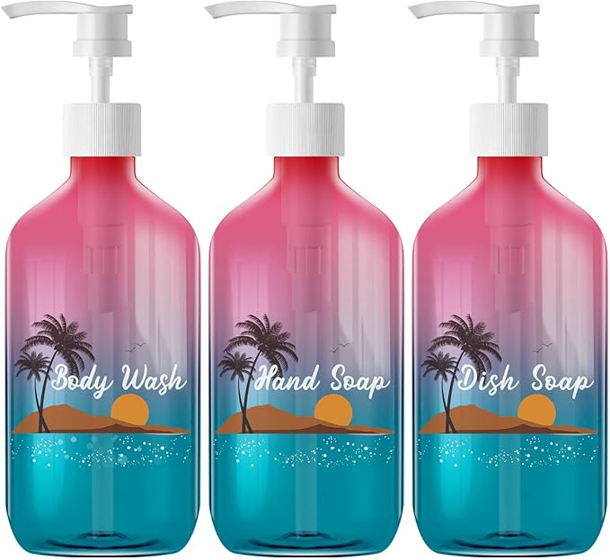 500ml Refillable Plastic Bottles with Pump Dispenser – 3 Pack Gradient Containers, BPA/Paraben-Free, Ideal for Travel Toiletries, Includes Labels