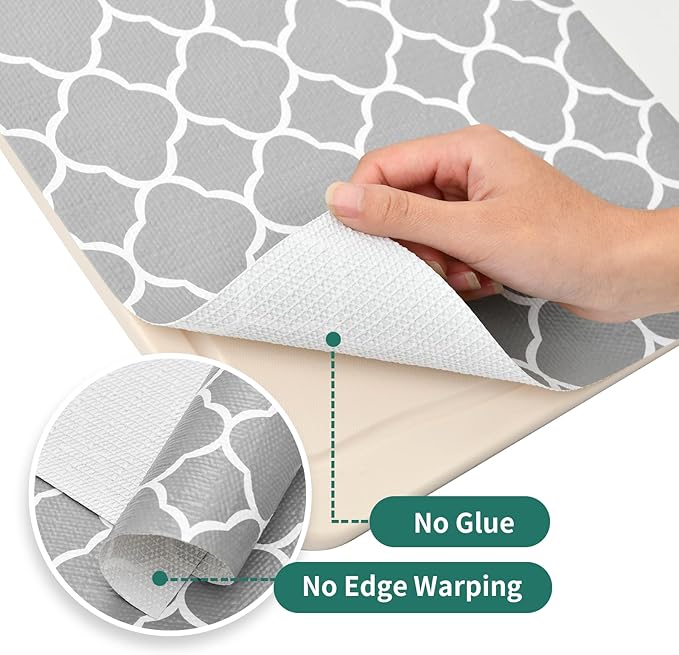 Shelf Liners for Kitchen Cabinets 17in x 20FT Non Adhesive Drawer Liner Gray Quatrefoil Thickened Shelf Liner Paper Strong Non-Slip Easy to Clean for Tool Box Refrigerator with Knife and Tape Measure