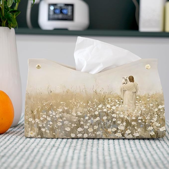 Jesus Leather Tissue Box Cover Rectangle,Christian Toilet Paper Box Holder,Christian Religious Decorative Facial Paper Case for Living Room Bathroom Kitchen Office Desk,9.8x5.9x5.9In