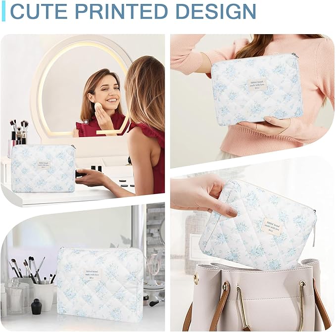 Floral Makeup Bag, Large Cosmetic Bag for Women Girls, Cute Cotton Makeup Pouch, Quilted Makeup Bags, Flower Travel Toiletry Organizer Bag(Blue Rose)