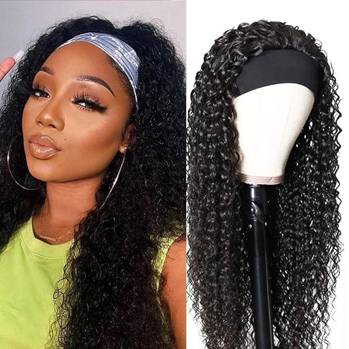 XSY Headband Wig Human Hair 26 Inch Deep Wave Human Hair Headband Wigs for Black Women Glueless Curly Headband Wig 150% Density Natural Color