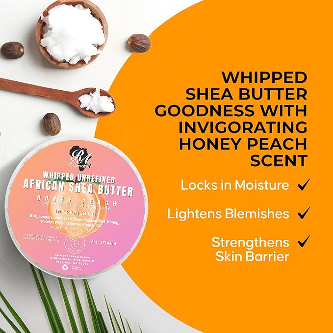 RA COSMETICS Whipped Shea Butter Honey Peach - 100% Pure and Natural African Shea Butter - Ultimate Handcrafted Moisturizer with Essential Vitamins for Radiant Skin and Luscious Hair - 12oz Jar