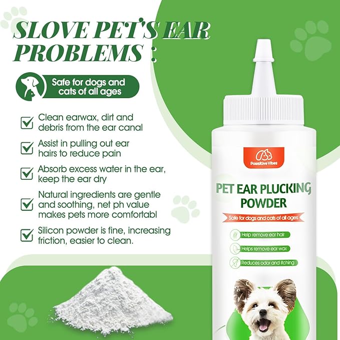 Pawsitive Vibes Dog Ear Powder 30g – Gentle & Safe Ear Hair Removal and Cleaning Powder for Dogs – Keeps Ears Dry, Fresh & Odor-Free – Easy Grooming Solution for Home Pet Care, Suitable for All Breeds