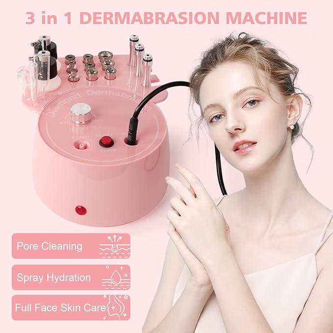 3 in 1 Diamond Micro DermaBrasion Machine,Mcwdoit Professional Dermabrasion Facial Skin Care Device with Wand, Spray Bottle and Vacuum Glass Tube for Personal Home Beauty Salon Use-Pink