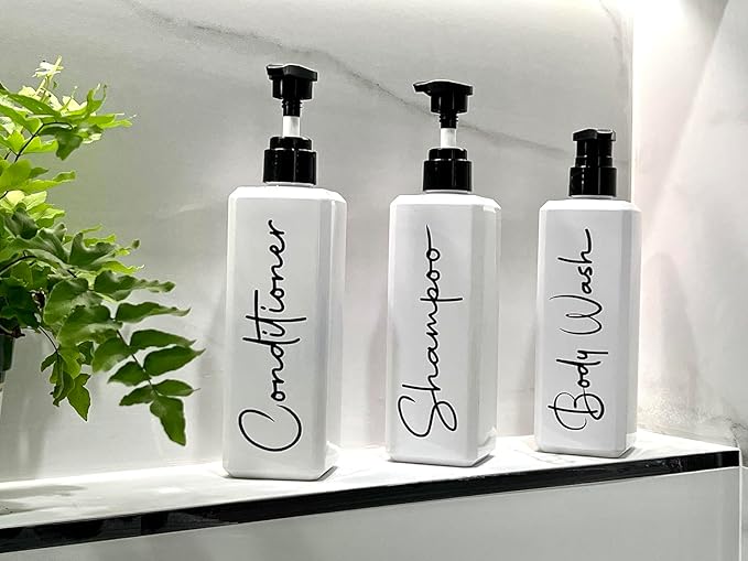 Spa-Inspired Refillable Shampoo and Conditioner Bottles - Dispenser Set of 3 with Pump - Bottles for Shower Wall – Printed Shampoo, Conditioner & Body Wash