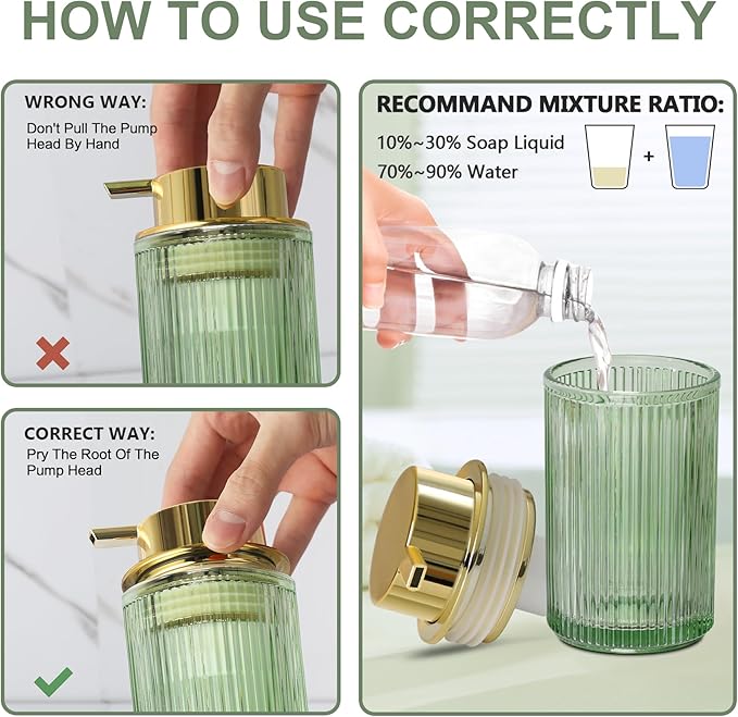 Green Glass Foaming Soap Dispenser, Ribbed Foam Hand Soap Dispenser for Bathroom, 11 Fl Oz Refillable Foaming Pump Bottle with Black Pump, Modern Dish Soap Foam Dispenser