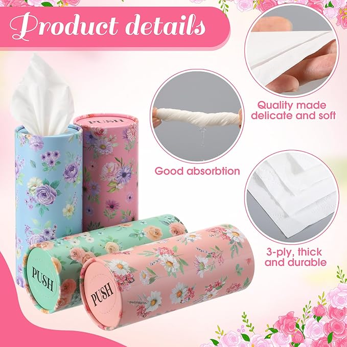 Outus 12 Pcs Spring Floral Car Tissues Cylinder Holder Flowers Round Tissue Box Cup Holder 3 Ply Facial Napkins Napkins Container for Car Home Office Dispenser Travel