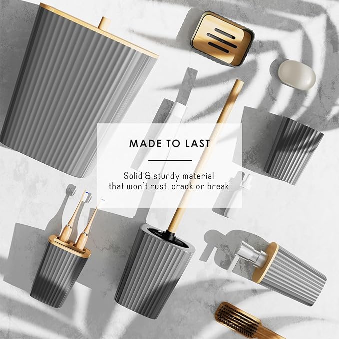 Clara Clark Bathroom Set - Grey Bathroom Accessories Set, 6PC Bathroom Accessory Set, Bathroom Sets with Adhesive Corner Shower Caddy Hanging, Toilet Brush, Trash Can & Soap Dispenser
