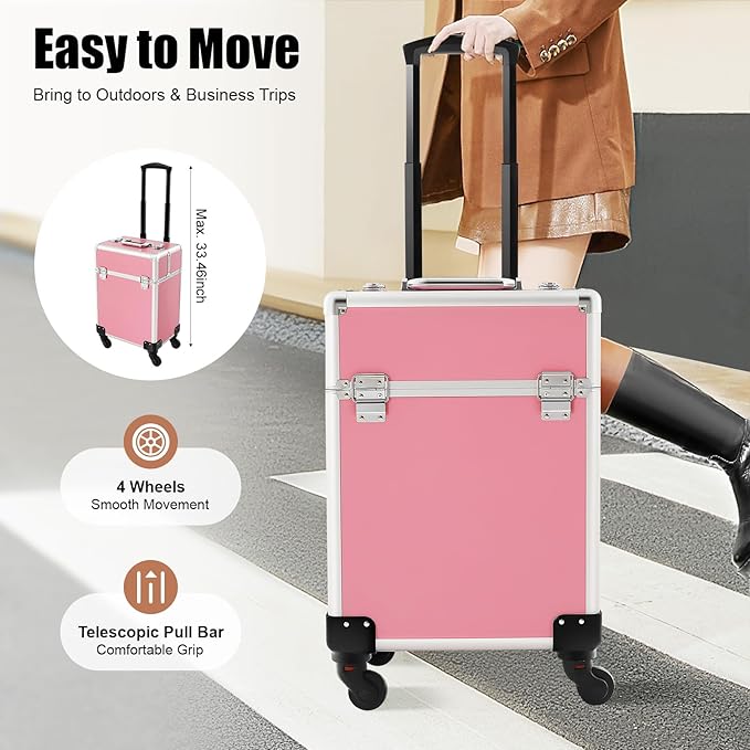 Rolling Makeup Train Case, Large Aluminum Alloy Cosmetic Trolley Case with Wheels & Retractable Handle, Lockable Storage for Makeup Artists, Lash Techs, Travel, Pink