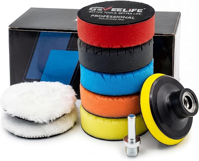 GEVEELIFE 9Pcs Buffing Polishing Pads Kit, 3 Inch Buffing Pads, Sponge & Woolen Pads with M14 Drill Adapter & Backing Plate for Car Care, Polishing, Washing, Cleaning, Waxing