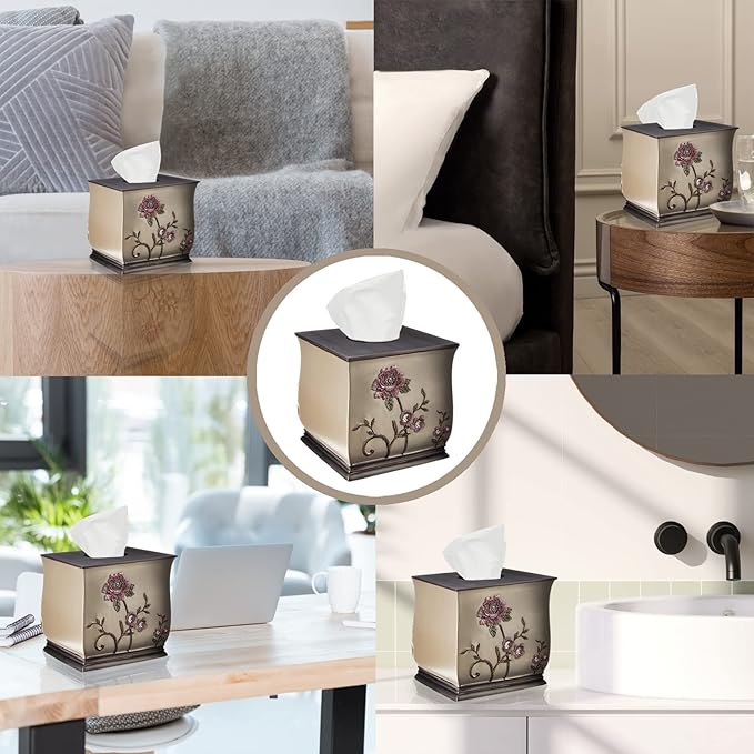 Zahari Home 2pc Larrisa Floral Bathroom Decor Set Waste Basket for Bathroom & Tissue Cover Modern Classic Contemporary Decor Stylish Unique Design Beautiful Bathroom Accessories Set