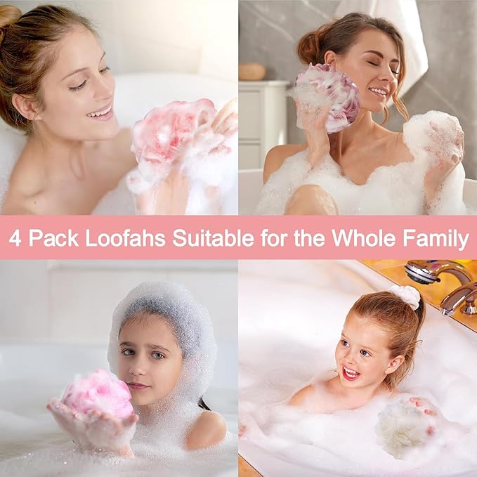 Fishent Loofah Bath Sponge, 4 Pack 70g Shower Loofahs Soft Mesh Pouf Shower Puffs Loofa Exfoliating Body Scrubber Ball for Men and Women