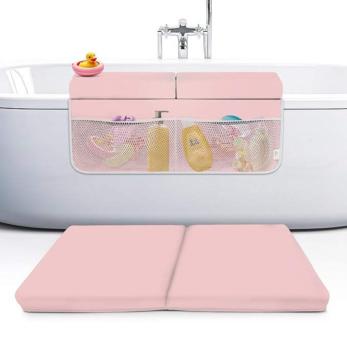 Memory Foam Bath Kneeler and Elbow Rest Pad Set, 2-Inch Thick, Water-Resistant Mat – Baby Bath Time Essentials Cushion and Bath Kneeling Pad for Bathing Baby with Bathtub Toy Organizer (Pink)