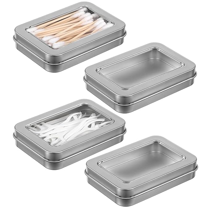 4Pcs Cotton Swab Holder for Travel, Portable Floss Picks Case with Dustproof Lid Refillable Floss Pick Dispenser Travel Flosses Picks Case with Dustproof Lid for Cotton Swabs Hair Ties (Silver)