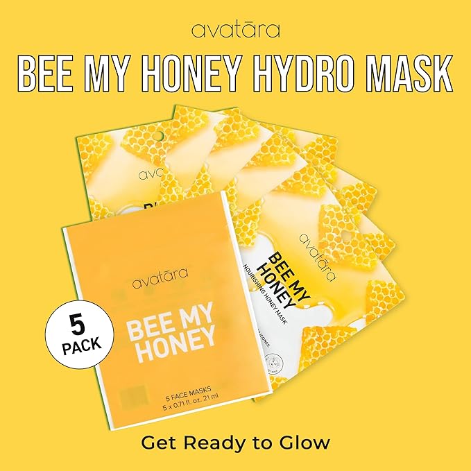 Avatara Bee My Honey Facial Mask 5 Sheets, Hydrating Sheet Masks with Honey and Sugar Cane Extract, Face Mask Skincare Beauty Essential for Moisturizing Skin, Minimize Pores, All Skin Types, 5 Pack