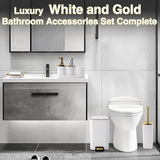 White Bathroom Accessories Set 8 Piece White and Gold Bathroom Set, Bathroom Sets with Stainless Steel Trash Can,Toilet Brush,Toothbrush Set,Soap Dispenser