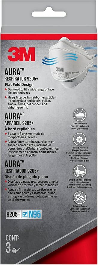 3M Aura Particulate Respirator 9205+ N95, Lightweight, 3 Panel Designed Helps Provide Comfortable and Convenient Respiratory Protection, 3-Pack