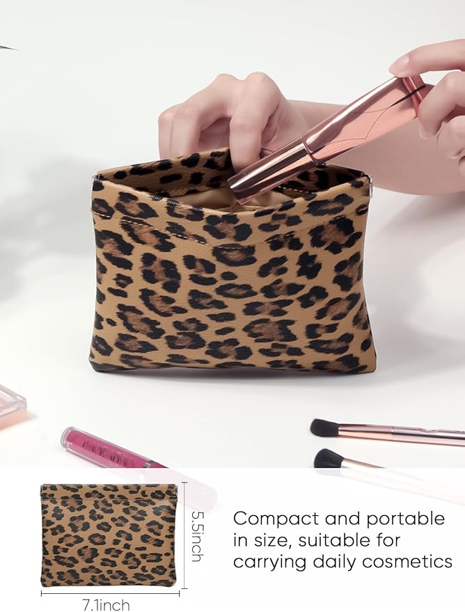 Leopard Leather Small Makeup Pouch for Women,Cosmetic Accessories Organizer,Waterproof and Portable Cosmetic Bag,Self-closing, No Zipper, Aesthetic Storage Pouch,Lipstick for Purse,Brown