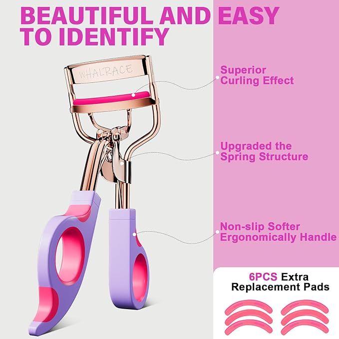 Eye Lash Curler with 6 Replacement Pads, Whalrace Eyelash Curlers Superior Curling Effect, Beautiful and Easy to Identify, Valentine's Day Gift for Her, Beauty Enthusiasts -Rose Gold Purple Red