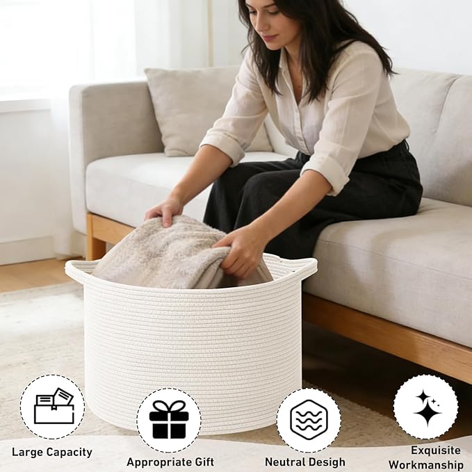 115L Large Blanket Basket,23.6" L x 23.6" W x 15.7" H Rope Woven Baskets with Handles, Toys Storage Bins,Laundry Basket Perfect for Living Room, Nursery,Bedroom,Home Organization,White