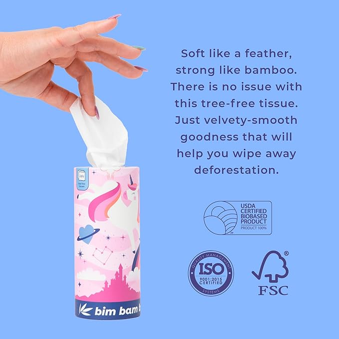 Bim Bam Boo 100% Bamboo Facial Tissue Tubes, 3-ply Hypoallergenic Travel Tissues in Car Tissue Holder, 8 Eco-Friendly Cylinder Tissue Tubes