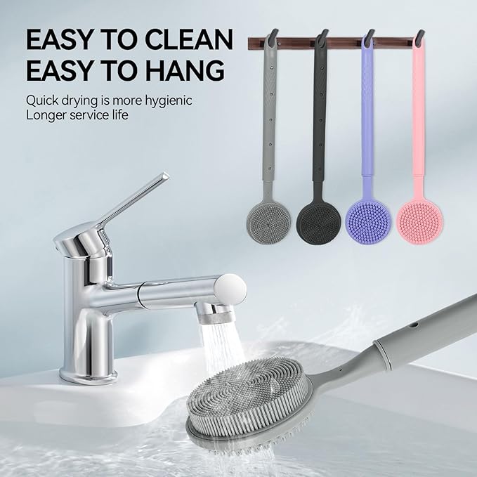Back Scrubber for Shower, (16-24 Inch) Extendable Bath Brush Long Handle for Shower, Silicone Body Scrubber with Handle, Back Brush for Shower Men and Women,Easy to Clean (Gray)