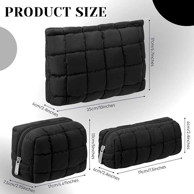 3 Pcs Puffy Makeup Bag Quilted Cosmetic Pouch for Women Cute Checkered Travel Toiletry Bag Puffer Makeup Organizer Purse Pouch Preppy Pencil Case with Zipper(Black)