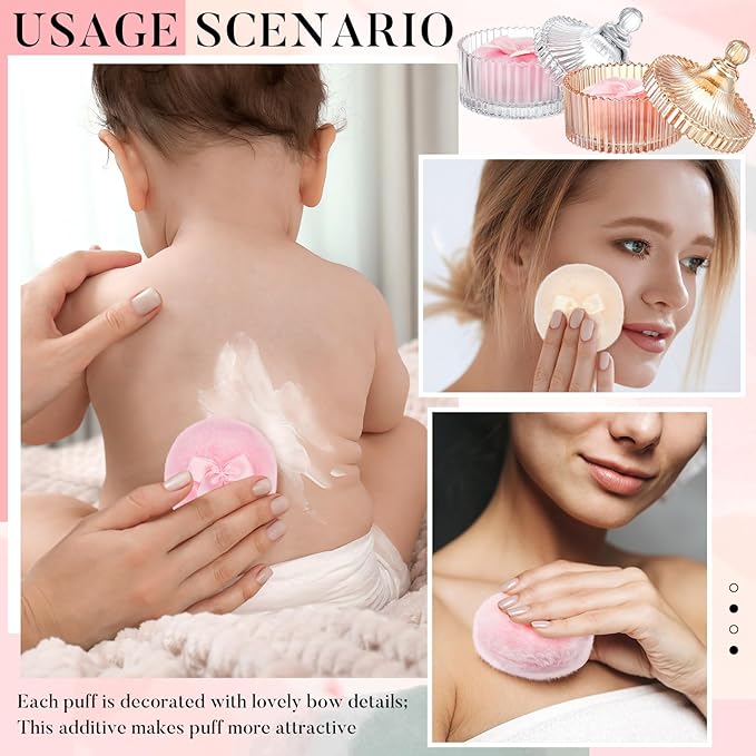 Tioncy 4 Pcs Large Body Powder Puff and Container Extra Large Body Powder Puff Dish Soft Washable Reusable Fluffy Makeup Sponge Wet Dry(Simple,Clear and Amber)
