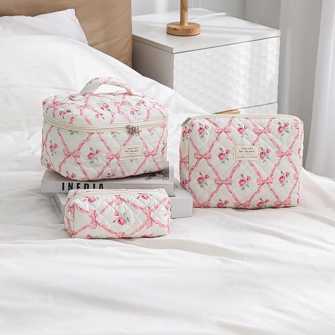 uekeboag 3Pcs Quilted Cotton Makeup Bag,Coquette Quilted Toiletry Bag for Women and Girls,Floral Coquette Pouch,Cute Kawaii Travel Cosmetic Bags(3Pcs Pink Bow)