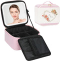 Relavel Travel Makeup Bag With LED Mirror, Portable Cosmetic Bag Organizer with Adjustable Brightness in 3 Color Scenarios, Small Cute Train Case with Detachable Dividers for Trip- Pink Strip