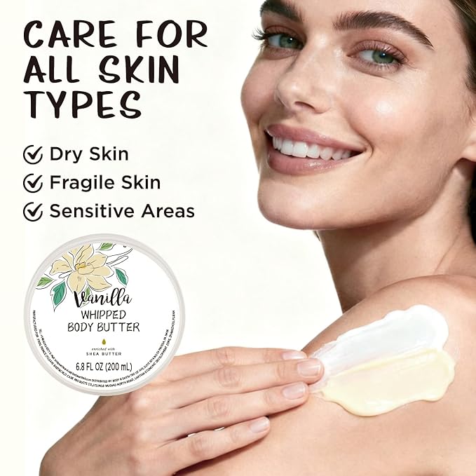 Vanilla Whipped Body Butter, Shea Body Butter for Women Dry Skin, Natural Vanilla Lotion for Body Moisturizer-Deep Moisturizing and Softening-6.8 floz(200ml)
