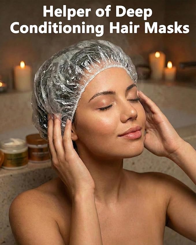 Aquior Shower Cap Disposable,100 PCS Bath Caps Large Thick Clear Waterproof Plastic Elastic Hair Bath Caps for Women Deep Conditioning Hair Care Hotel Travel Essentials Accessories