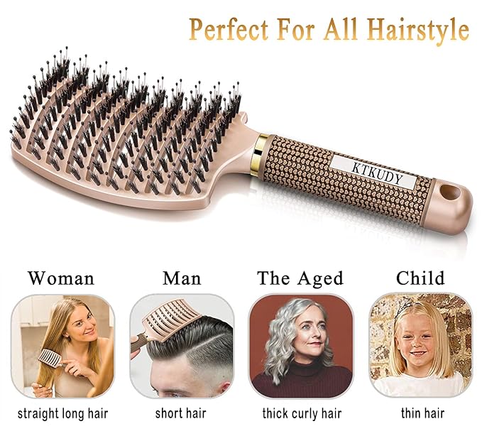 KTKUDY Detangling Brush Getting Knots Out without Pain - Boar & Nylon Bristles Hairbrush Make Hair Shiny & Healthier Vented Detangler Brush for Women Men Kids Wet and Dry Hair (Gold)