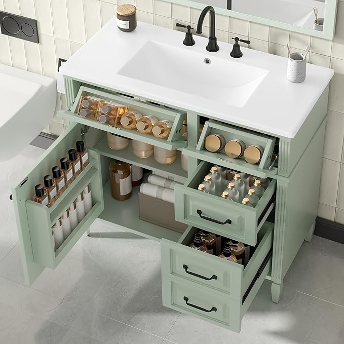 Harper & Bright Designs 36" Bathroom Vanity with Sink, Free Standing Vanity Set with 4 Drawers, Storage Racks, and Adjustable Shelf, Wood Bathroom Cabinet with Ceramic Basin for Bathroom, Green