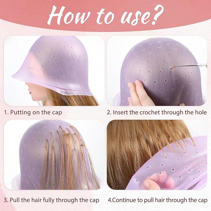 Punched Silicone Highlight Hair Cap with Needle, Professional Reusable Highlighting Poked Hole Caps with Hooks for Color Hair Salon Hairdressing Dyeing Staining Tools for Women Men