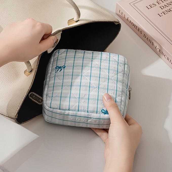 Small Quilted Striped Cosmetic Pouch for Purse, Mini Cotton Makeup Bag with Compartments, Cute Zipper Lipstick Holder for Women (25 Blue Checkered Stripes)