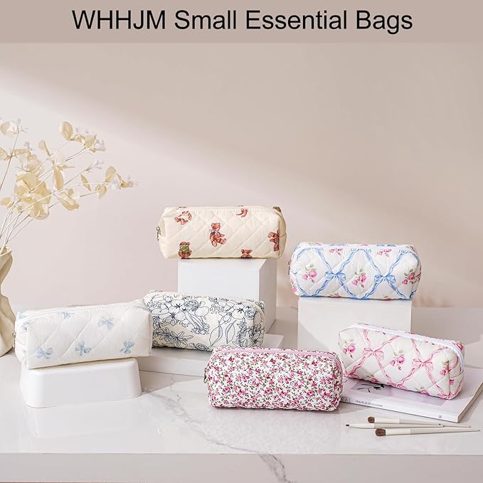 Cute Floral Makeup Brush Bag Small Cotton Quilted Cosmetic Bag for Women Travel Toiletry Zipper Make Up Pouch (Little dog)