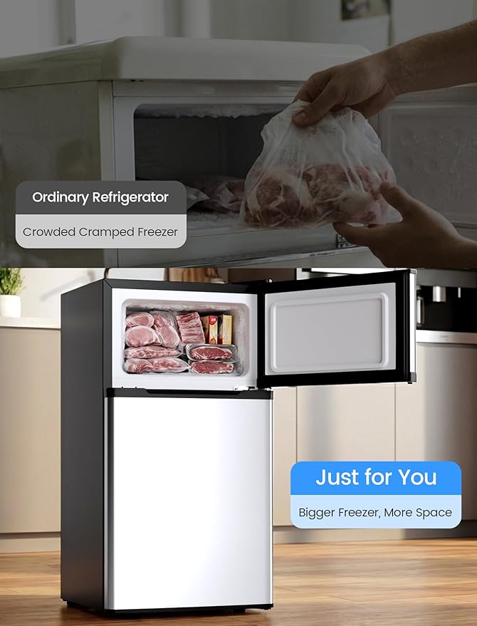 COWSAR 2.5 Cu.Ft Dorm Fridge with Freezer, Double Reversible Door Compact Refrigerator with 2 Removable Shelves, Commercial Drink Fridge for Bedroom, Office, Kitchen, Dorm, Silver