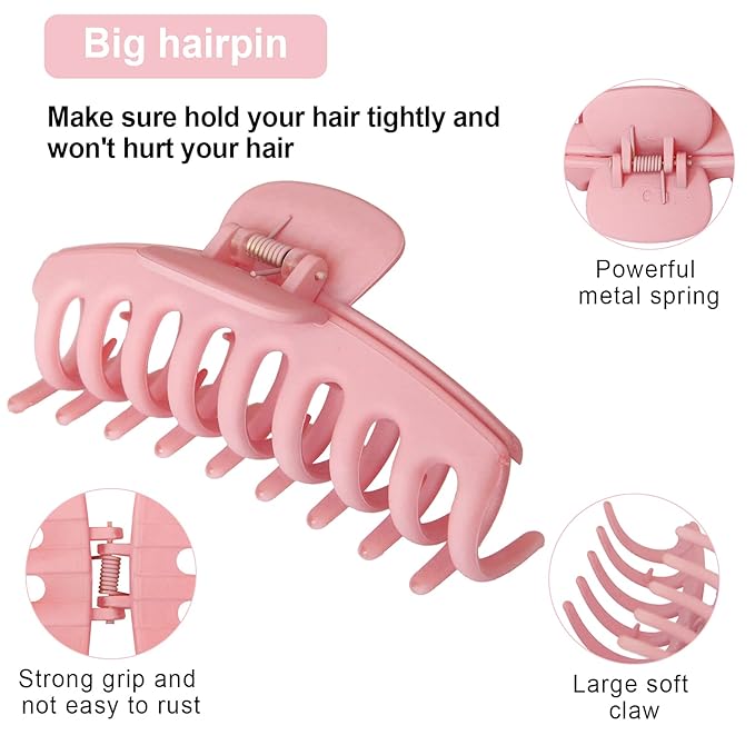 2 Pack Big Hair Claw Clips Nonslip Large Claw Clip for Women and Girls Hair,Strong Hold Grips Hair Accessories 4 Inch (Pink)