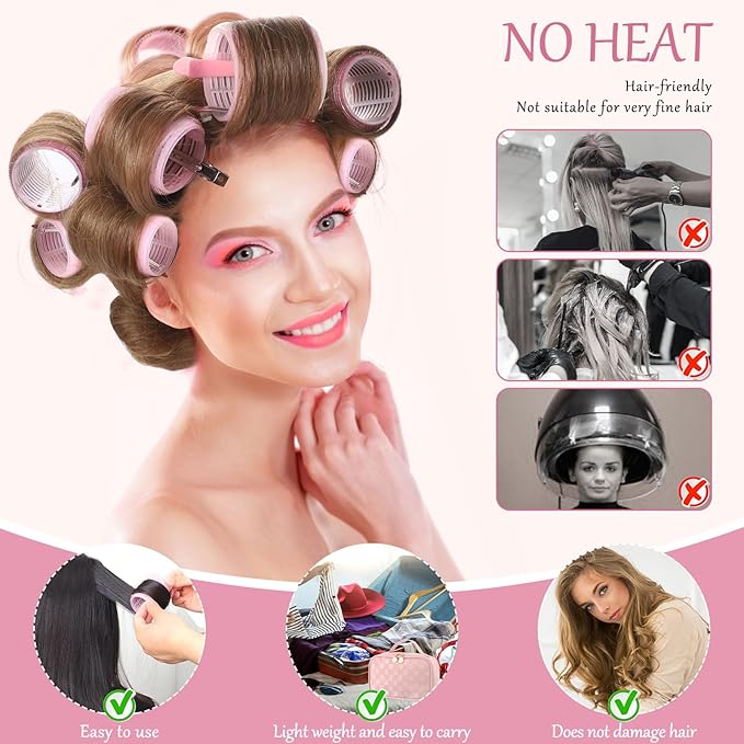 Obeoby 4 Sizes Hair Rollers with Gift Makeup Bag, Pink Easter Gifts Rollers Hair Curlers for Long, Short Hair and Bangs, Birthday Easter Basket Stuffers for Women Girls