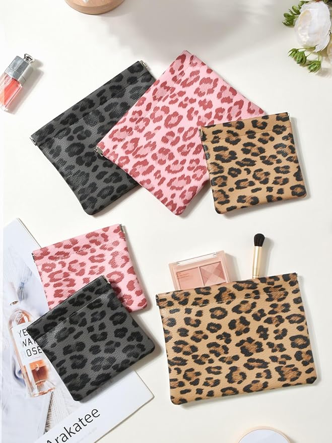 2 Leopard Leather Small Makeup Pouches Set for Women,Cosmetic Accessories,Waterproof and Portable Cosmetic Bags,Self-closing,No Zipper, Aesthetic Storage Pouch,Lipstick for Purse, Pink