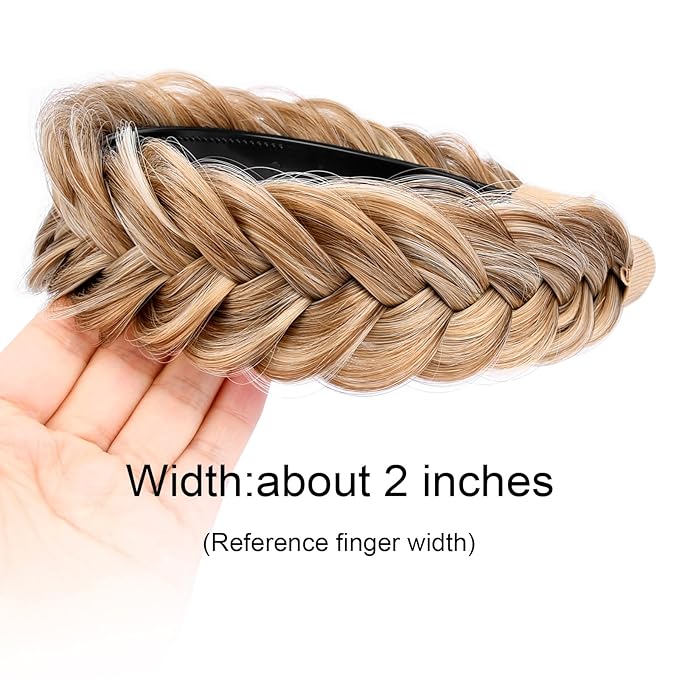 DIGUAN Wide Messy Braided Headband With Teeth Synthetic Hair Plaited Headband High Elasticity Braids Chunky Fishtail Braided Hair Band Hairpiece for Girls Women Beauty Accessory (Caramel Blonde)