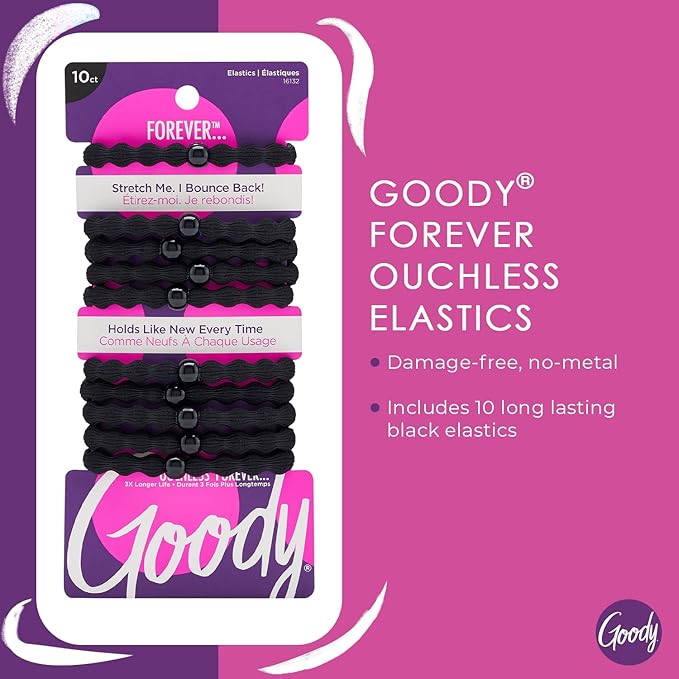 Goody Ouchless Forever Hair Elastics, 10 Ct, Black, Damage-Free Bands, 3X Stronger Elastic Ties, Retainable Shape, 16 Strand Inner Core, Styling Accessories for Women & Men, All Hair Types