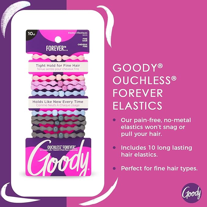 Goody Ouchless Forever Fine Hair Elastics, 10 Ct, Assorted Colors, Damage-Free Bands, 3X Stronger Elastic Ties, Retainable Shape, 16 Strand Inner Core, Styling Accessories for Women & Men