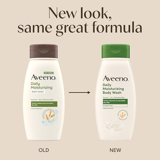 Aveeno Daily Moisturizing Body Wash for Dry & Sensitive Skin + Prebiotic Oat, Body Wash Gently Cleanses & Nourishes Dry Skin, Lightly Scented, Dye- & Paraben-Free, 18 fl. oz